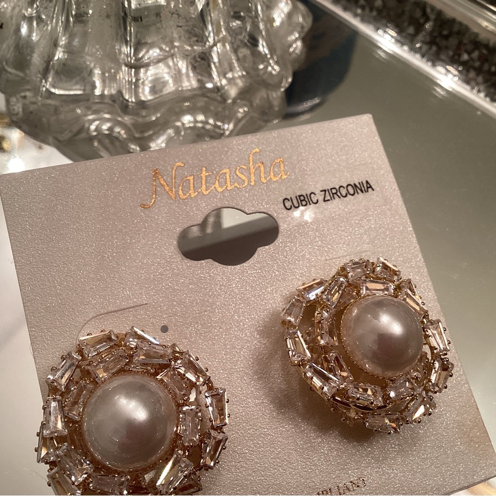 Natasha Couture Gold and Pearl Earrings with Cubic Zirconia